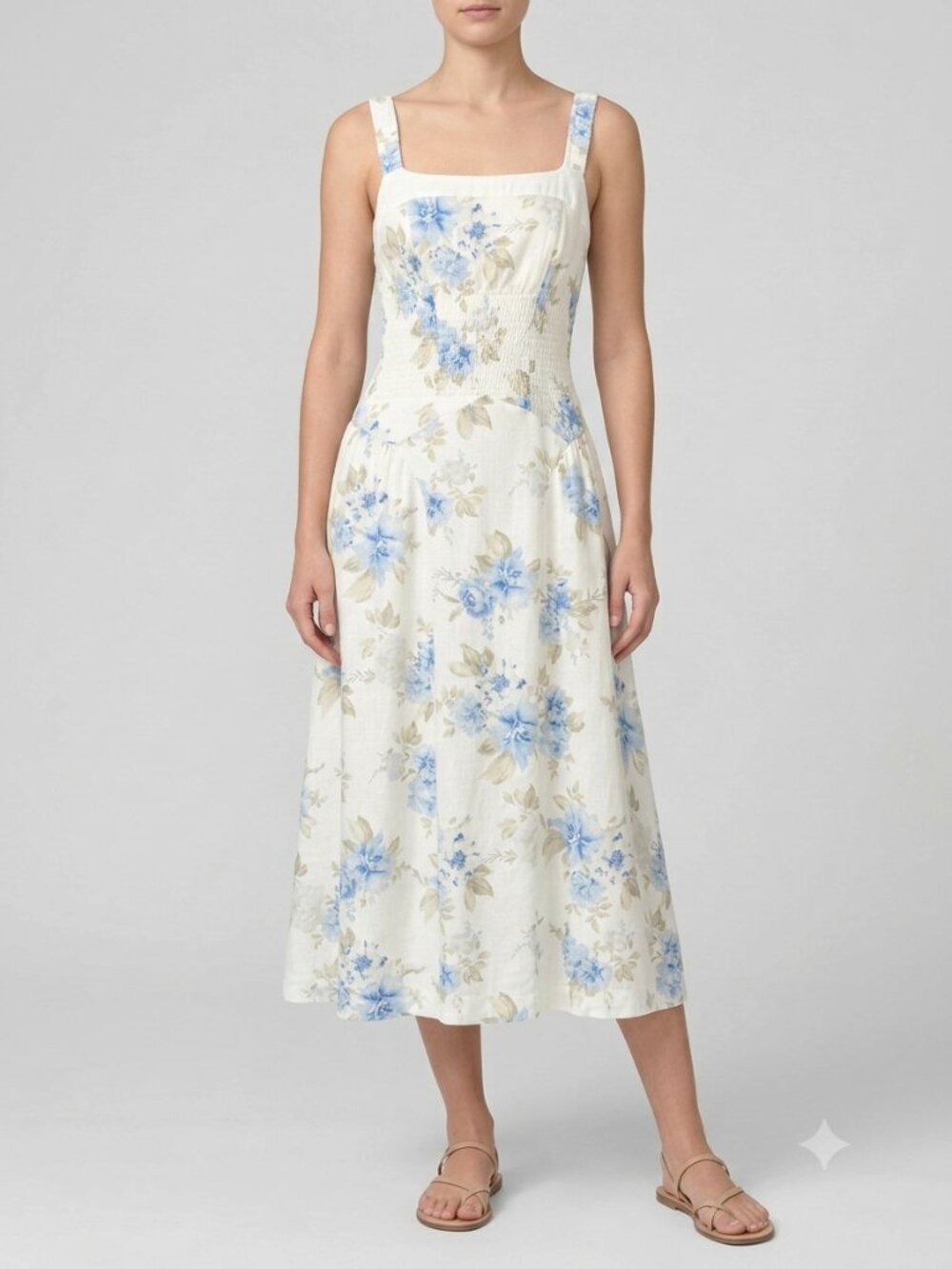 Moon River Linen Blend Floral Fit and Flare Midi Dress S Blue NWT